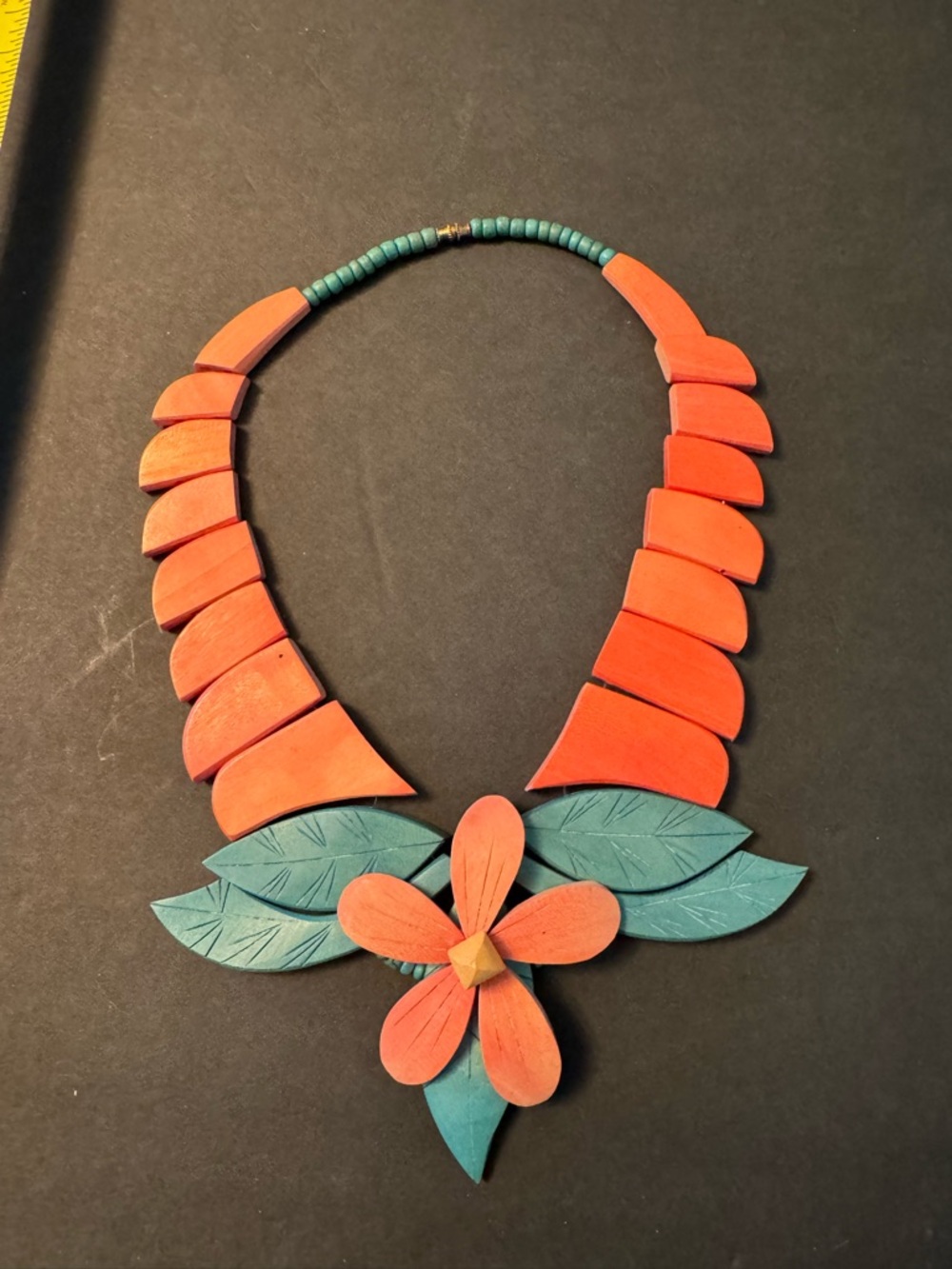 Orange & Teal Floral Wood Statement Necklace